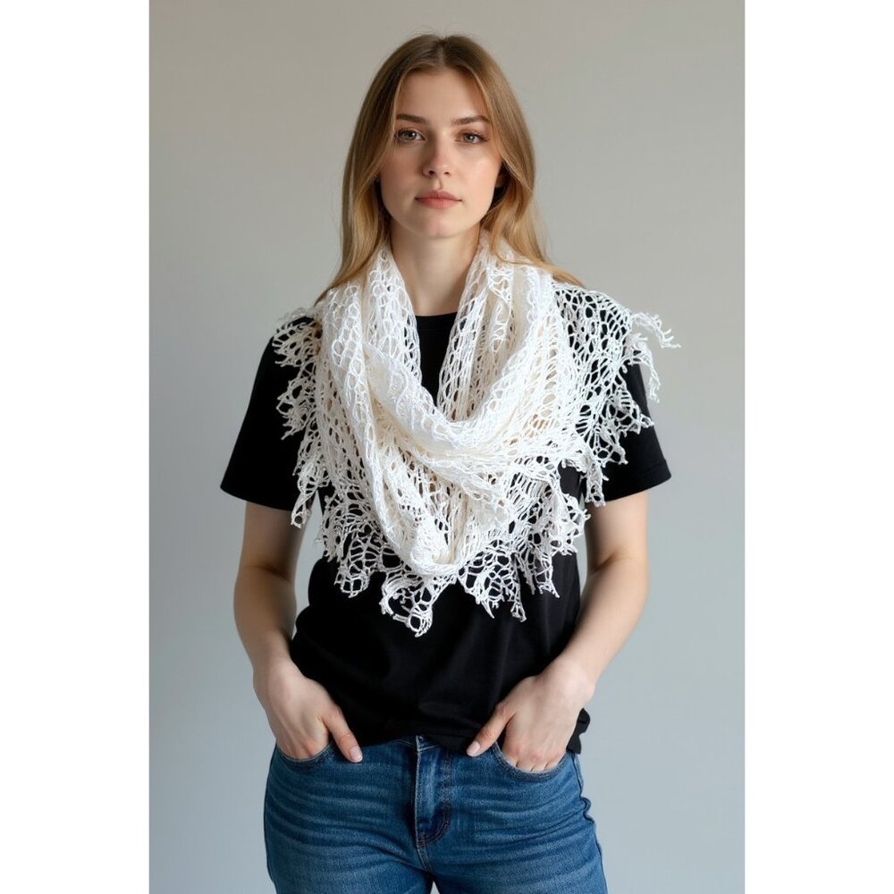 Boho Scarf White Fishnet Long Rectangular 82" Spr… - image 1